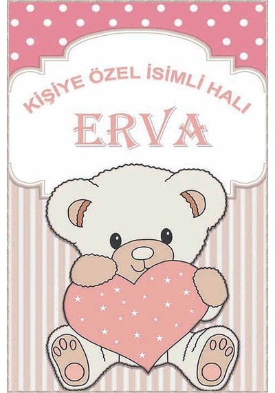 Pembe Kaymaz Tabanlı Bebek Halısı Ayıcıklı İsimli Halı Kd01n11