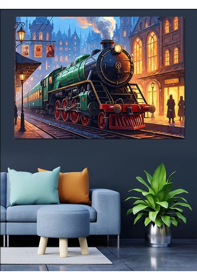 Ahşap Tablo Gece Işıkları Altında Buharlı Tren