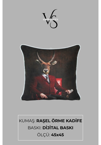 Kırlent Kılıfı Geyik Desenli 45x45 Raşel Örme Kadife Çift Taraflı Dijital Baskı Beyaz Biyeli Çok Renkli