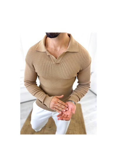 Elku Moda Kazak Slim Fit Polo Yaka Fitilli Yumuşak Dokulu Tüylenmez Sweatshirt Kahverengi