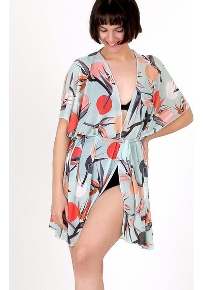 Pareo Plaj Elbisesi Kimono Std Yazlık Oversize Tül Gömlek Kemerli Elbise Sunset Mint