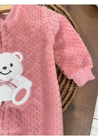 Bebicix Peluş Ayıcık Nakışlı Patikli Çıtçıtlı Kışlık Erkek Bebek Tulum Pembe