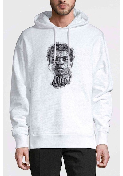 Muhammed Ali Illustrator Baskılı Beyaz Erkek Kapşonlu Sweatshirt