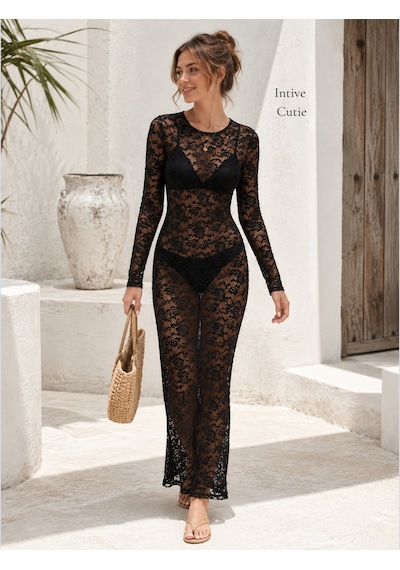 İntive Lingerie Intive Cutie Tamamı Dantel Uzun Kollu Transparan Sütyen Takımlı M Siyah