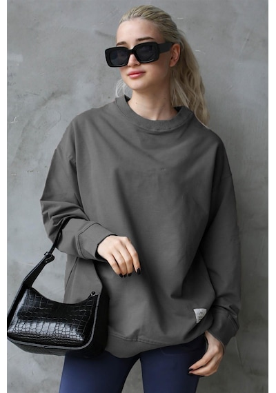Madmext Füme Basic Oversize Kadın Sweatshirt Mg1686 Füme