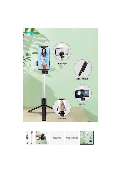 Bluetooth Lu Led Işıklı Selfie Çubuğu Uzaktan Kumandalı Yatay Özçekim Tripod
