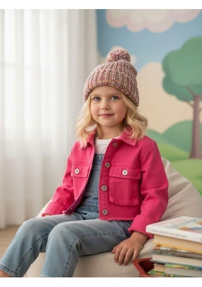 Zekids Kız Çocuk Yumuşak Dokulu Büyük Cepli Kısa Kot Ceket-16679 Fuşya