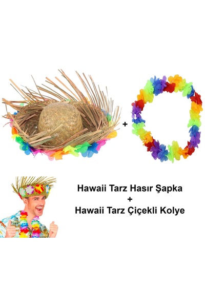 Hawaii Tarzı Tropikal Çiçekli Hasır Şapka Ve Çiçekli Hawaii Kolye 5691