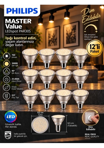 12 Adet Philips 9.5w 3000k Sarı Işık E27 Duylu 760 Lümen Dim Edilebilir Par30 Ampul