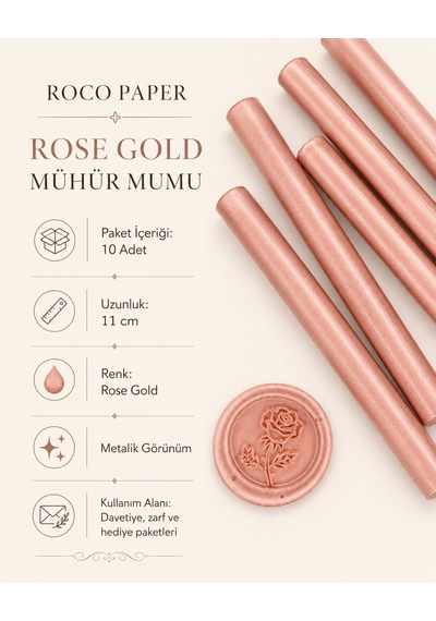 Silindir Mühür Mumu, Rose Gold, 10 Adet - 11 Cm, Zarf Ve Davetiye Diğer