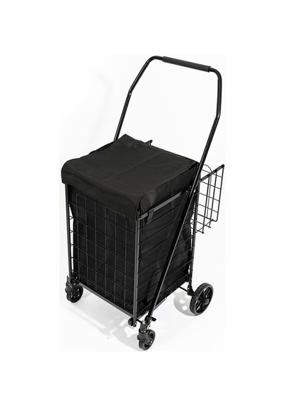 4 Tekerlekli 60 L Katlanabilir Kılıflı Pazar Arabası 360 Dönebilen Metal İskeletli Siyah Alışveriş Arabası