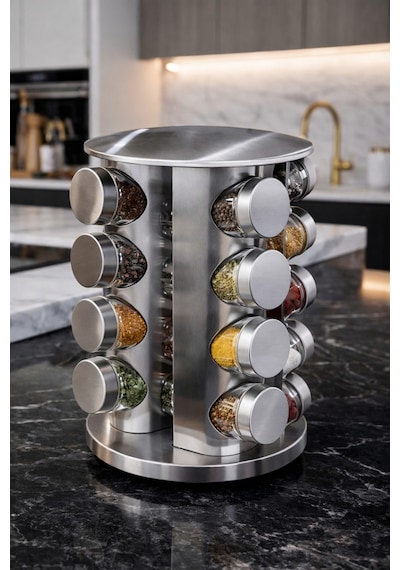 Makri Home 16'lı Döner Baharatlık Seti Krom Yuvarlak Stantlı 118 Ml Cam Kavanoz 360 Döner 29x20 Cm Diğer