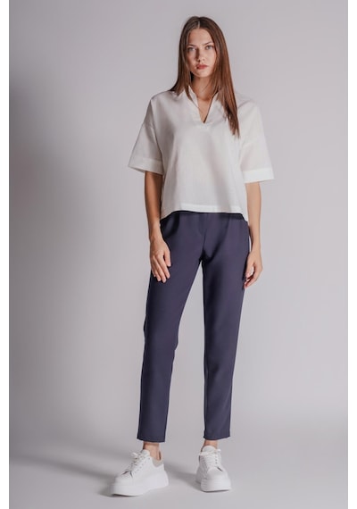 Braccas Kadın Yandan Cepli Arka Cep Fleto Beli Lastikli Ve Pilili Slim Fit Pantolon Lacivert Lacivert