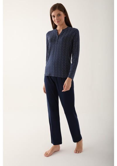 Arnetta Dotted Lacivert Kadın Uzun Kol Pijama Takım