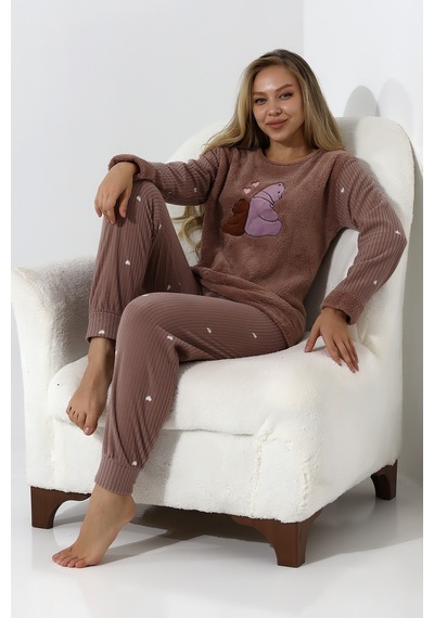 Wordex Fawn 5015 Peluş Welsoft Polar Kışlık Ayıcıklı Yumoş Kadın Pijama Takımı Vizon