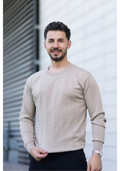 Hk Premium Bisiklet Yaka Örgü Desenli Slim Fit Triko Kazak Bej