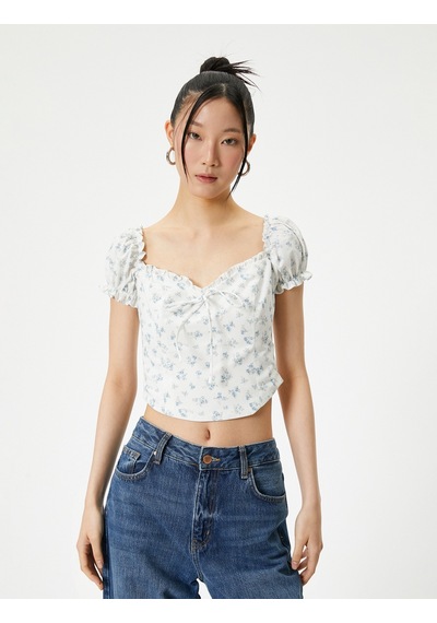 Koton Çiçekli Balon Kol Bluz Crop Fiyonklu Fırfır Detaylı Mavi Desenli 4sal60168ıw