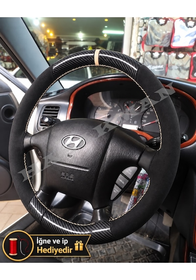 Hyundai Trajet Dikme Direksiyon Kılıfı Alcantara Süet Mat Karbon Bej Yüzük Ve Dikiş 2000-2008