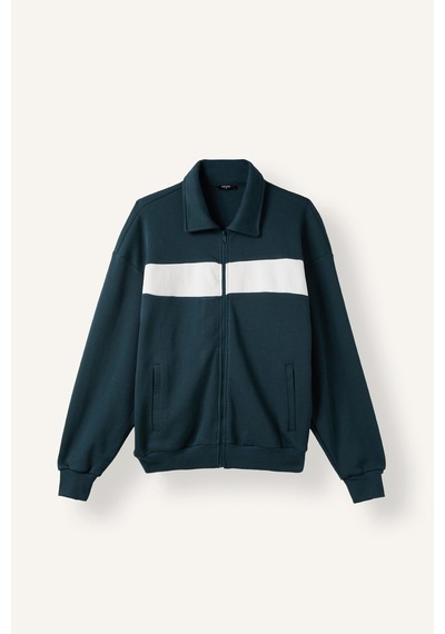 Defacto Boxy Fit Polo Yaka Fermuarlı Şeritli Sweatshirt Hırka I0631ax26augn1051 Yeşil-gn1051