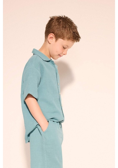 DeFacto Erkek Çocuk Oversize Geniş Kalıp Polo Yaka Müslin Kısa Kollu Gömlek W3239A625HSGN382
