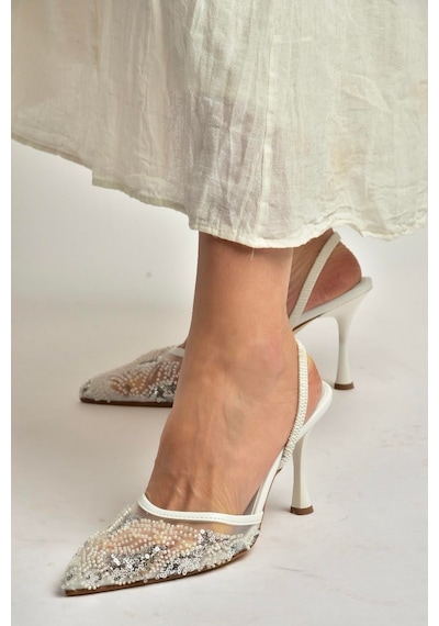 Fox Shoes Y726493615 Beyaz File Pullu İşlemeli İnce Topuklu Ayakkabı Beyaz