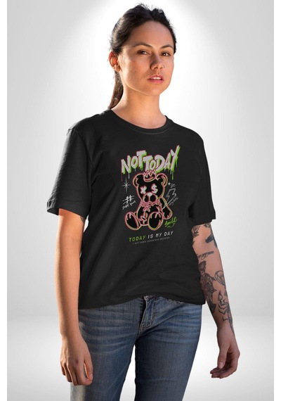 Bugün Değil Unisex Unisex Siyah Organik Baskılı T-shirt Penye Yüksek Kalite Siyah