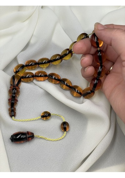 Efe Boy Arpa Kesim Konyak Ateş Kehribar Tesbih 13x16 Mm Kahverengi