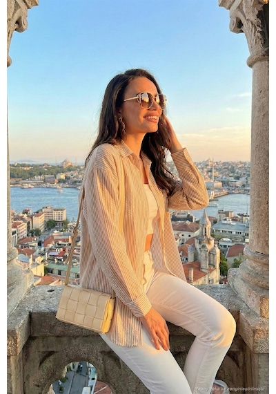 Lela Regular Fit Uzun Kollu Cepli Çizgili Bayan Gömlek 6772895 Taş