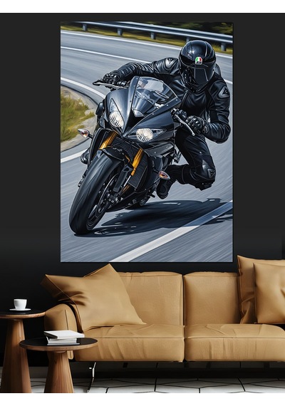 Ahşap Tablo Siyah Kasklı Modern Motorcu
