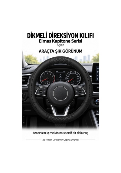 Trobus Peugeot 206 1998-2010 Uyumlu Dikmeli Direksiyon Kılıfı Elmas Kapitone Siyah