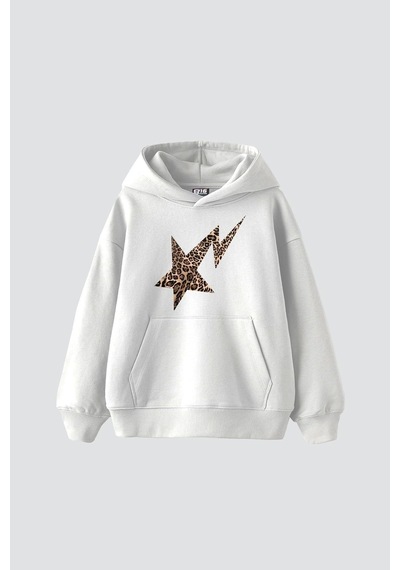 Startmore Leopar Falling Star Baskılı Oversize Unisex Premium Beyaz Beyaz
