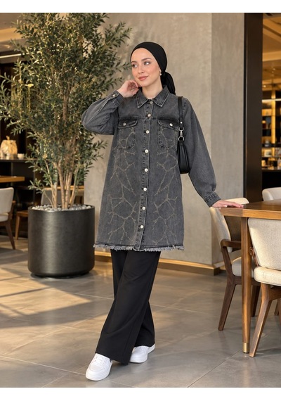 Esra Butik78 Kot Ceket Desenli, Düğmeli, Büyük Beden Uyumlu Füme