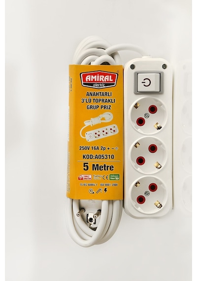 Amiral 3' Lü Topraklı Anahtarlı 5 Metre Kablolu Grup Priz Diğer