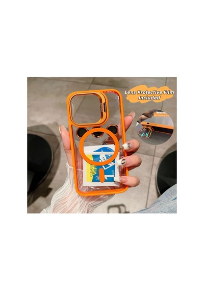 Apple iPhone Uyumlu 15 Pro Kılıf Magsafe Krom Mika Kapak Renkli Silikon + Lens Koruyucu Cam Set Kamera Standlı Renk010