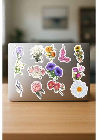 Çiçek Ve Çiçek Buketi Temalı Telefon Laptop Bullet Journal Yapışkanlı Folyo Sticker Paketi 25 Adet Çok Renkli