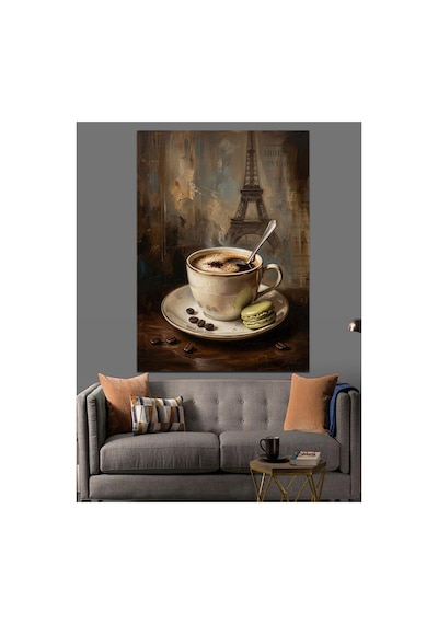 Kahve Ve Eyfel Kulesi Manzarası Yağlı Boya Dokulu Kanvas Tablo Canvas Tablosu