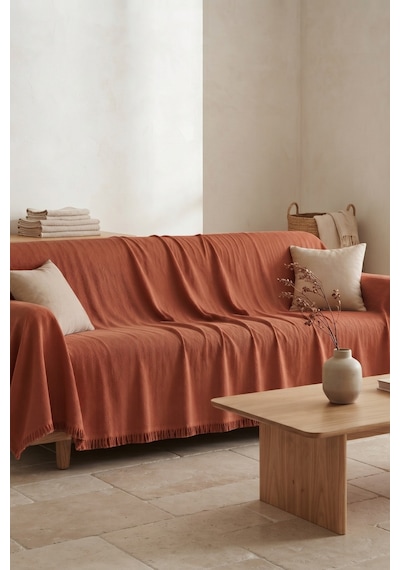 İskandinav Dokulu Pamuklu Saçaklı Koltuk Örtüsü Ve Koltuk Şalı Kaymaz Terletmez 180x300 Cm Kırmızı