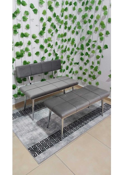 Özcan Metal Krom Metal Ayaklı Bench Sırtlı Mutfak Salon Antre Yatak Odası Puf Bank Oturak Takımı Açıkgri