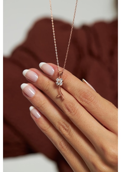 Zirkon Taşlı Rose Minimal Yonca Gümüş Kolye Altın
