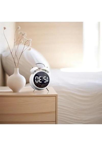 Led Ekranlı Çift Alarm Fonksiyonlu Masa Saati - Beyaz 07 Beyaz