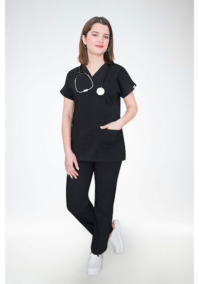 Unisex Soft Likralı Siyah Doktor Hemşire Nöbet Üniforma Takımı Scrubs Siyah Siyah