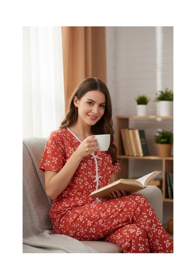 Fantezia Night Kadın Turuncu Kalp Desenli Fiyonklu Kısa Kollu Uzun Pijama Takımı