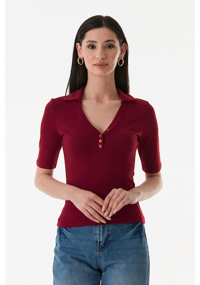 Fullamoda Önü Düğmeli Polo Yaka Bluz 25ygb650127586-bordo Bordo