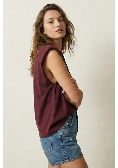 Elemge %100 Pamuk Süprem Tok Kumaş Kadın Oversize Bordo T-shirt Geniş Omuzlu Dökümlü Kolsuz Bol Kalıp