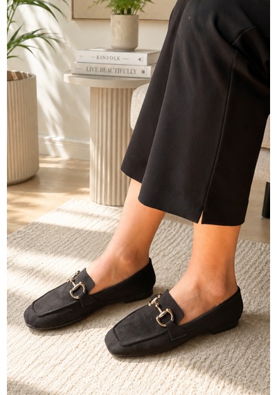 Kadın Loafer Makosen Metal Tokalı Nubuk Günlük Ayakkabı Siyah
