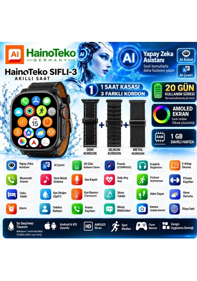 HainoTeko SIFLI-3 AI Yapay Zeka Asistanlı Akıllı Saat (İthalatçı Garantili)