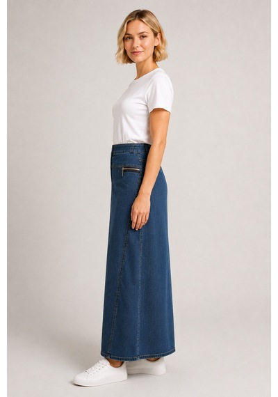 Bihan Store Yüksek Bel Fermuar Detaylı Denim Maxi Etek 7510-mavi