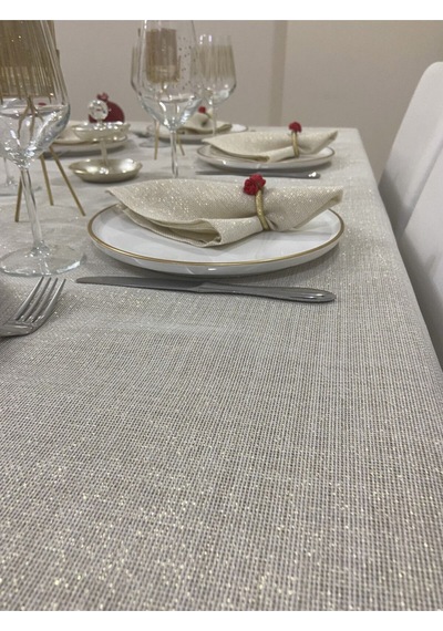 Keten Görünümlü Simli Linen Masa Örtüsü Gold 25 Parça