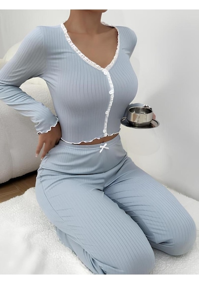 Mh Moony Homewears Bebe Mavisi Fitilli Kumaş Yumuşacık Pijama Takımı Mavi