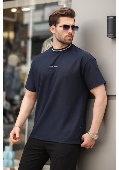 Madmext Lacivert Nakış Detaylı Basic Erkek T-shirt E7106 Lacivert